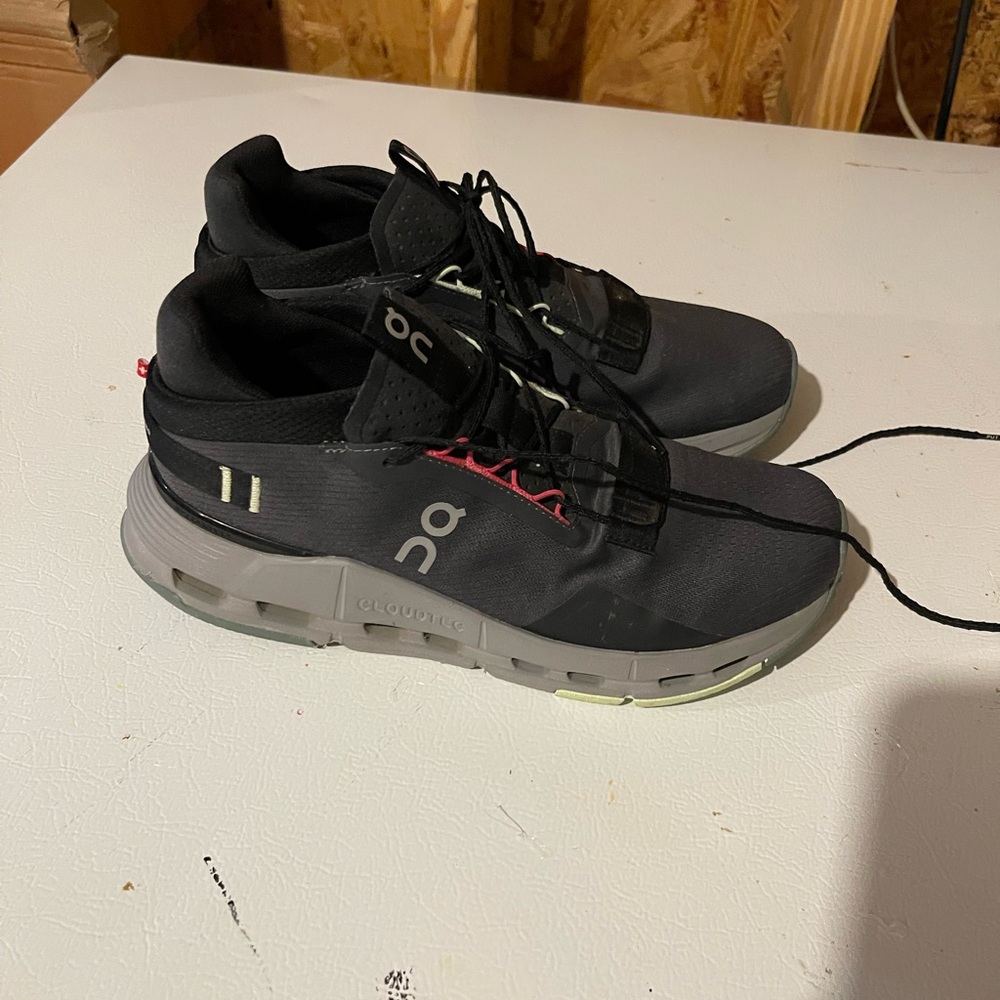 On Running Women’s Athletic Sneakers with Gray Sole and pink and green accents.